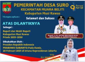 Selamat dan Sukses Kepada Ibu Hj. Ratna Machmud dan Bapak. H.Suprayitno sebagai Bupati & Wakil Bupati Kabupaten Musi Rawas Tahun 2025-2030.